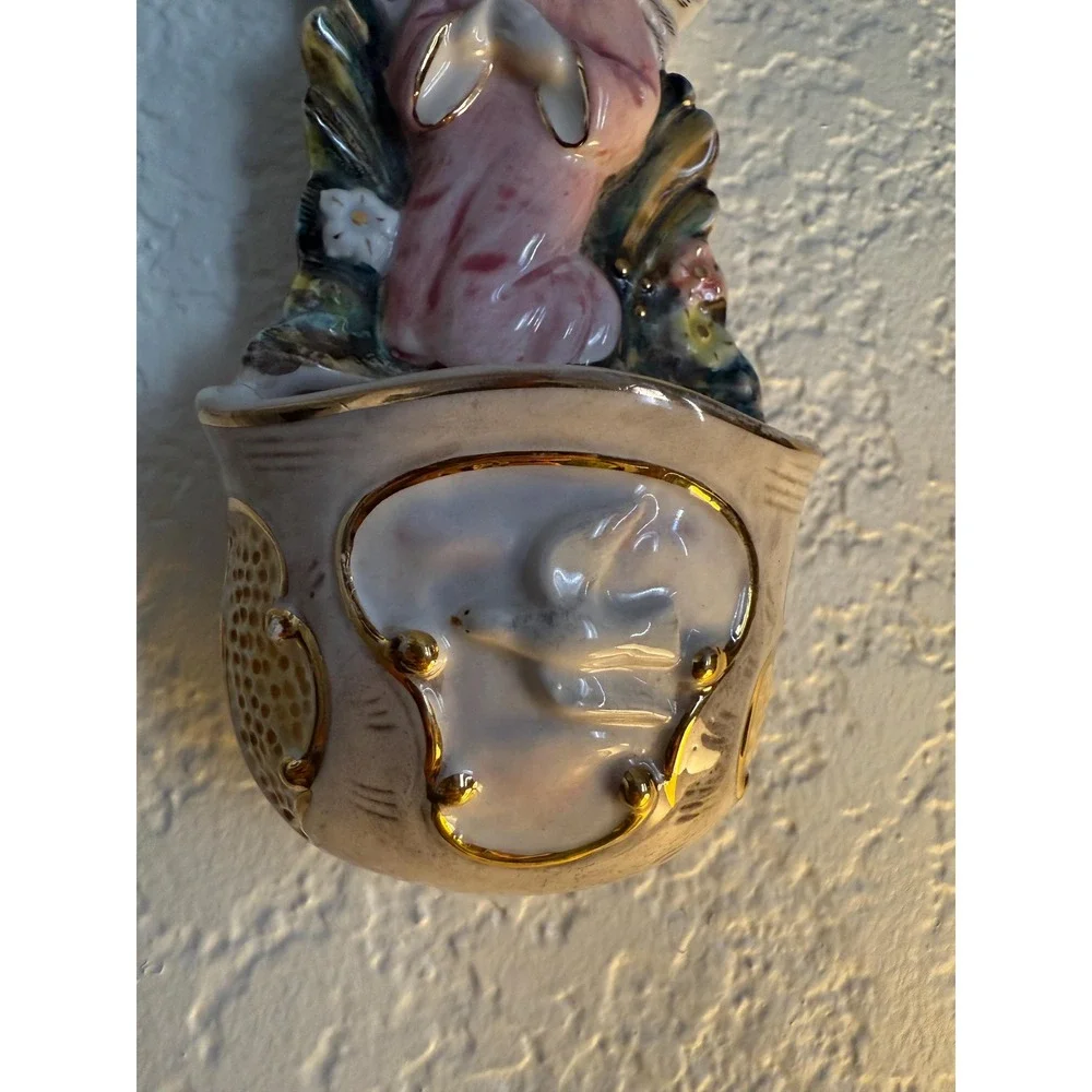 Vintage Porcelain Angel and Cross Holy Water Font - Hand Painted- Gold Trim - Picture 6 of 11
